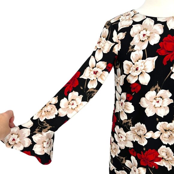 CeCe Floral Long Sleeve Shift Dress Bell Cuff Sleeve Black Red White Size 6 - Picture 4 of 11